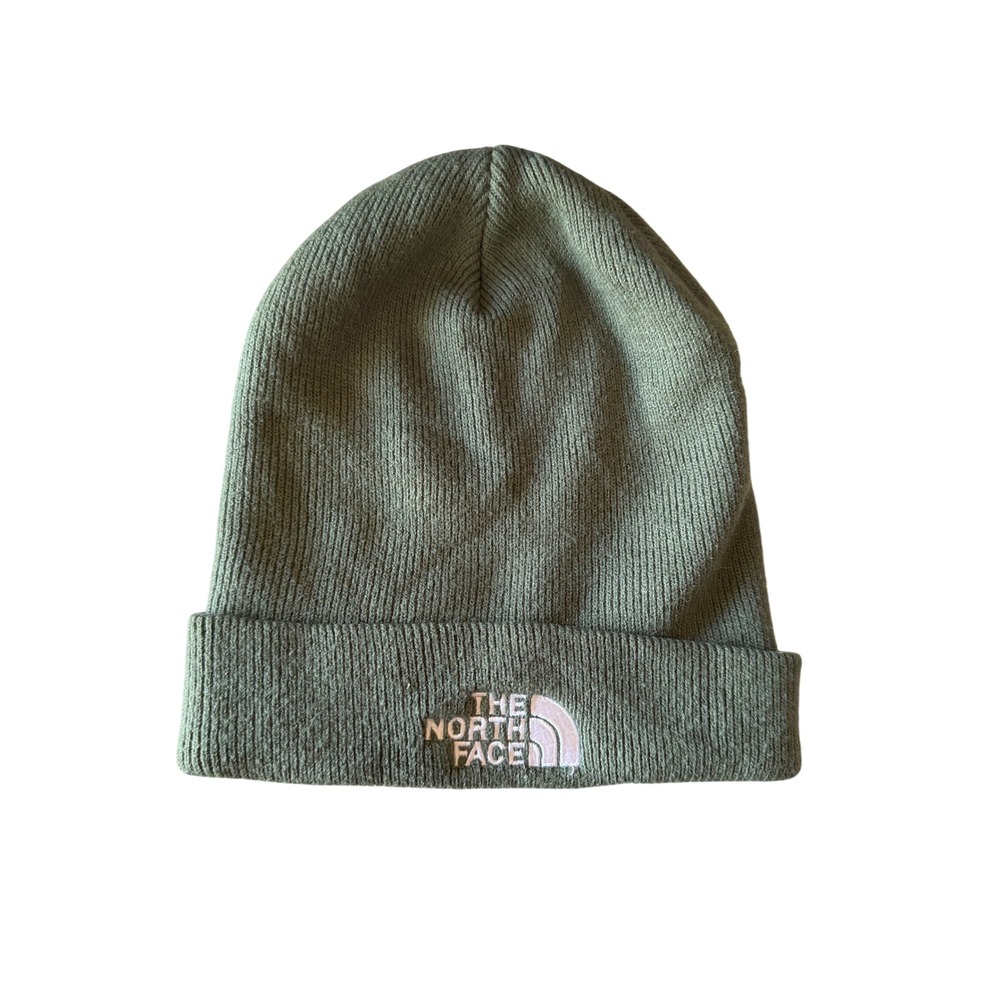 The North Face Olive Green Ribbed Knit Cuffed Beanie Embroidered Logo Hat